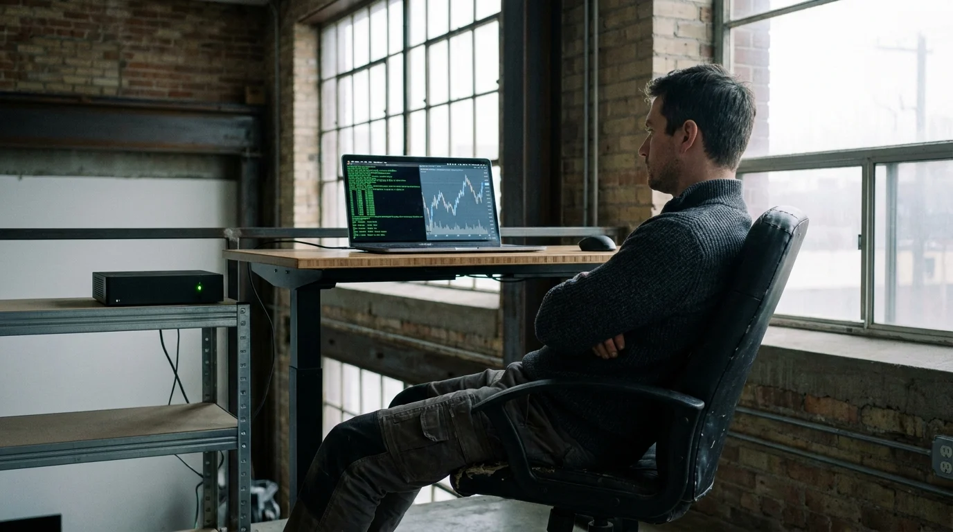 A man sits back with arms crossed watching a laptop that runs a terminal beside a chart