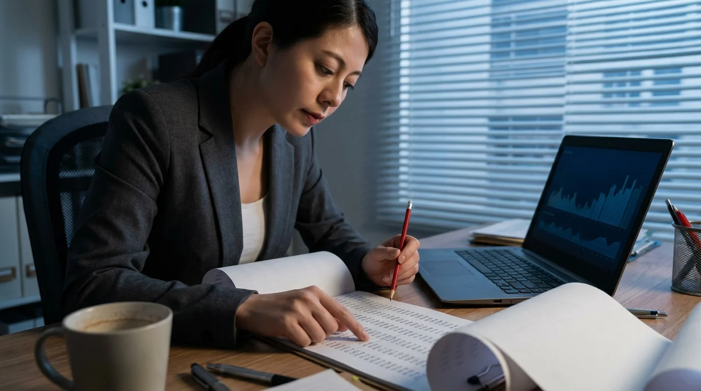 An analyst follows a row on a long printed table with one finger beside a laptop chart