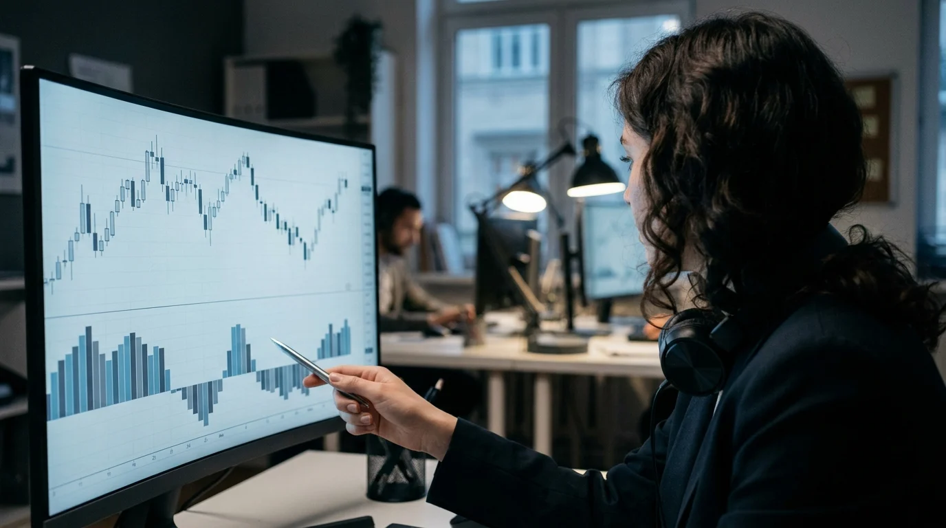 A trader points her pen at a histogram panel under a candlestick chart on her monitor