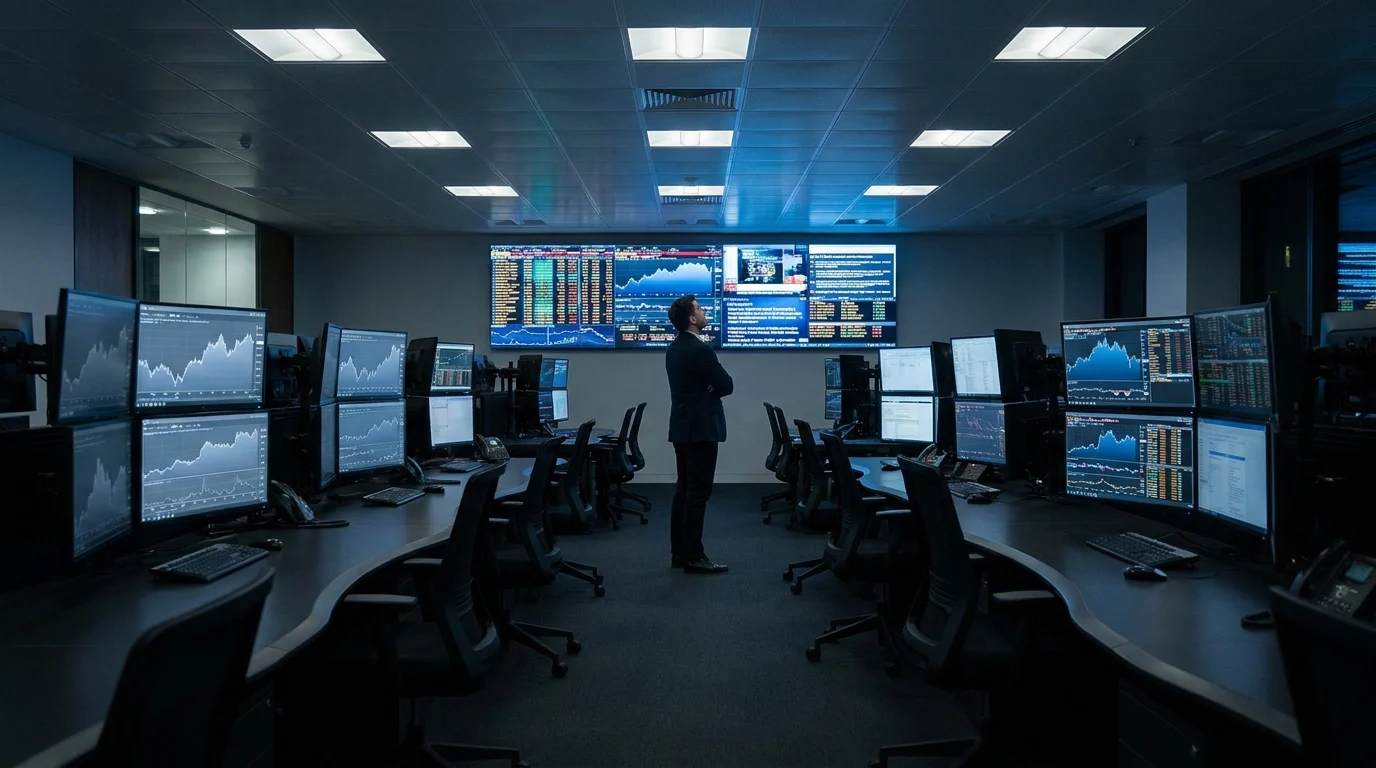 A trader stands with folded arms watching a large wall screen in a dim operations room