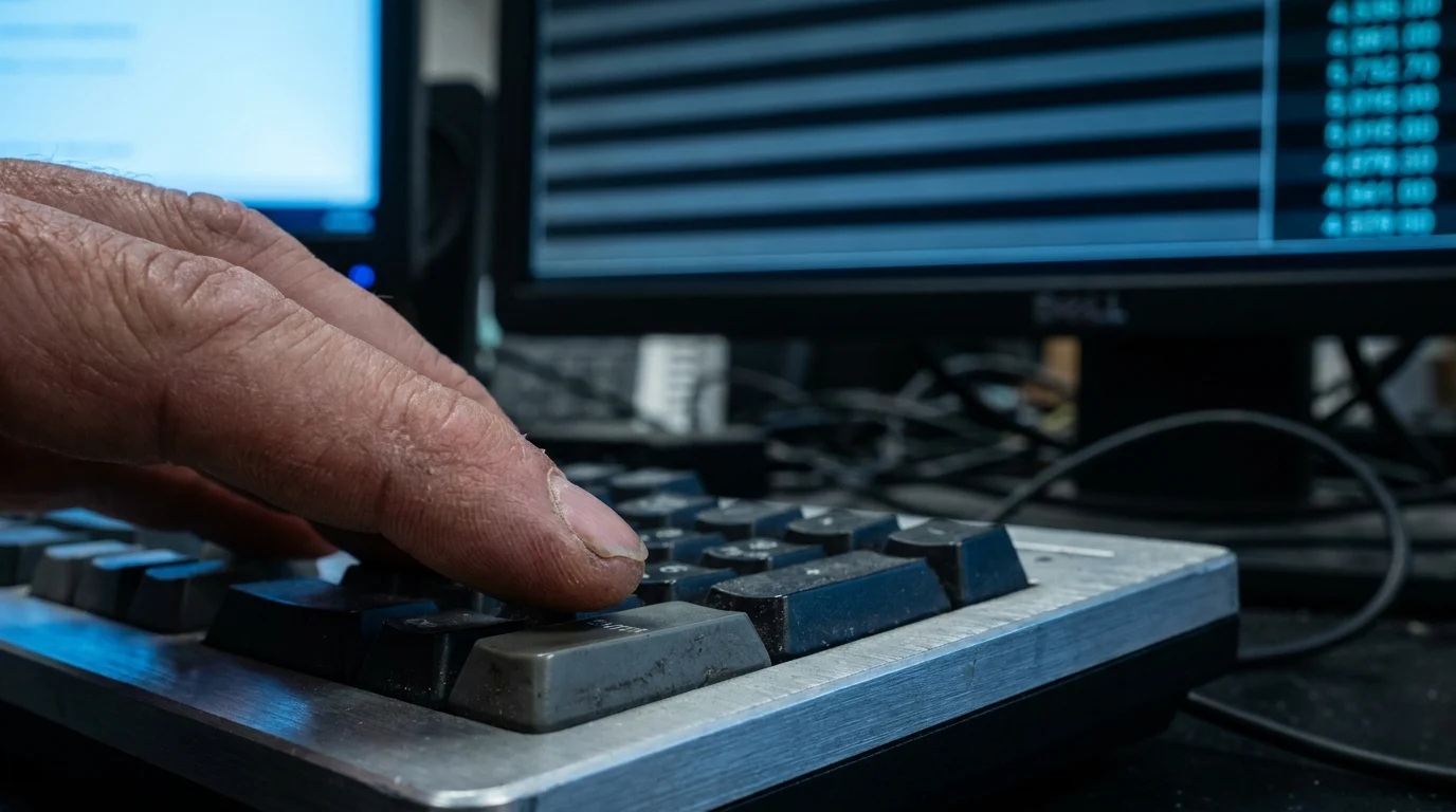 A trader's finger hovers above the enter key in front of a monitor with horizontal price levels